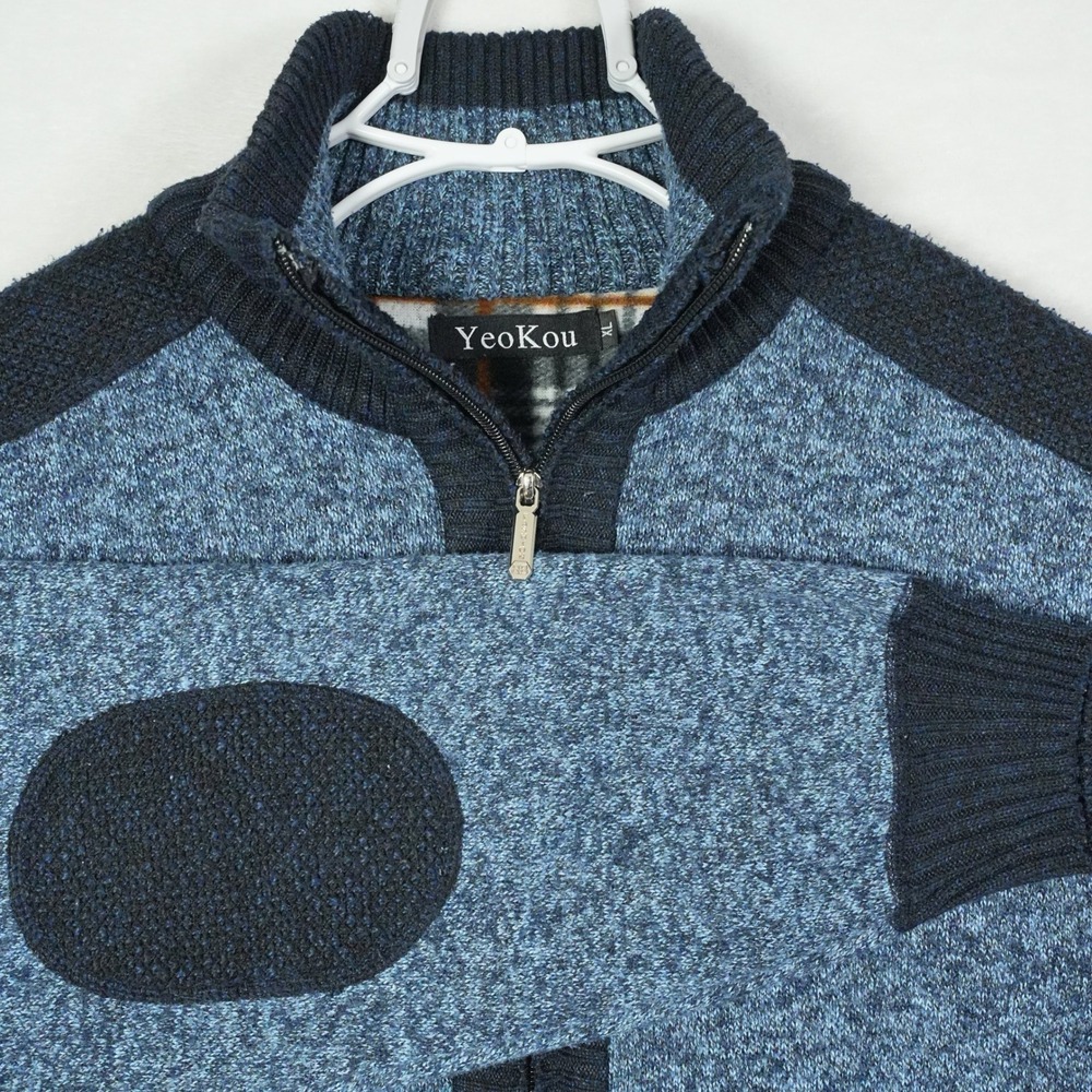 YeoKou Mens Cashmere Wool Blend Full Zip Cardigan Sweater Blue Plaid‎ Lined XL